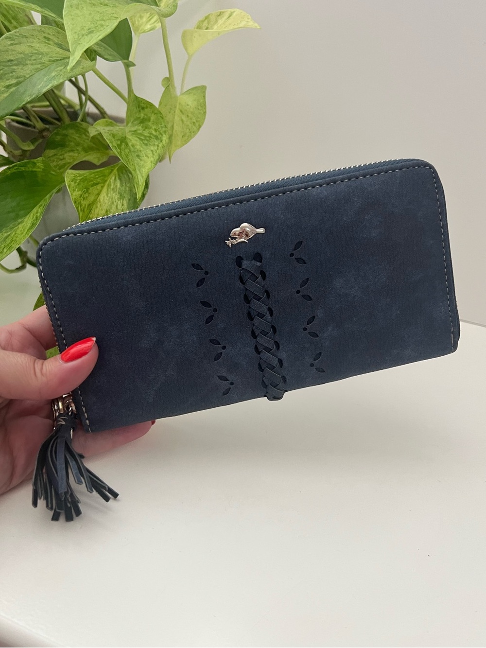 Roots RFID Vegan Suede Braided Zip Around Wallet in Blue